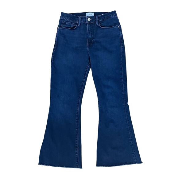 FRAME DENIM Le Crop Flare Dark Wash Blue Jeans Size 28 With Raw Hem - Picture 1 of 12